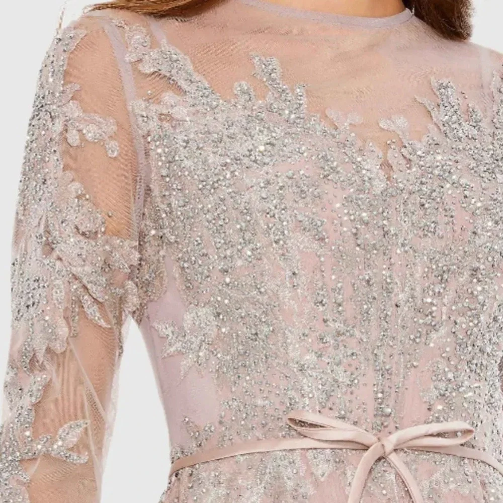 Mac Duggal Size 16 Pink Silver‎ Long Sleeve High Neck A-Line Midi Bow Dress Gown